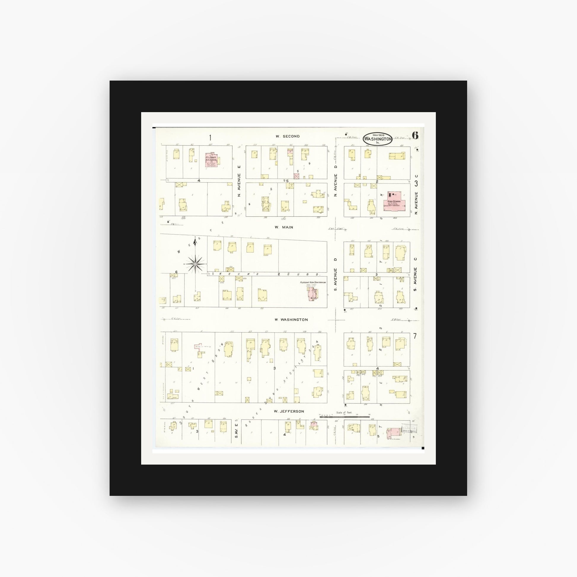 Old map wall art mockup — black gallery frame with white mat — Sanborn Fire Insurance Map from Washington, Washington County, Iowa (1909), Sheet #0006