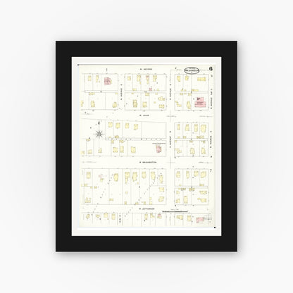 Old map wall art mockup — black gallery frame with white mat — Sanborn Fire Insurance Map from Washington, Washington County, Iowa (1909), Sheet #0006