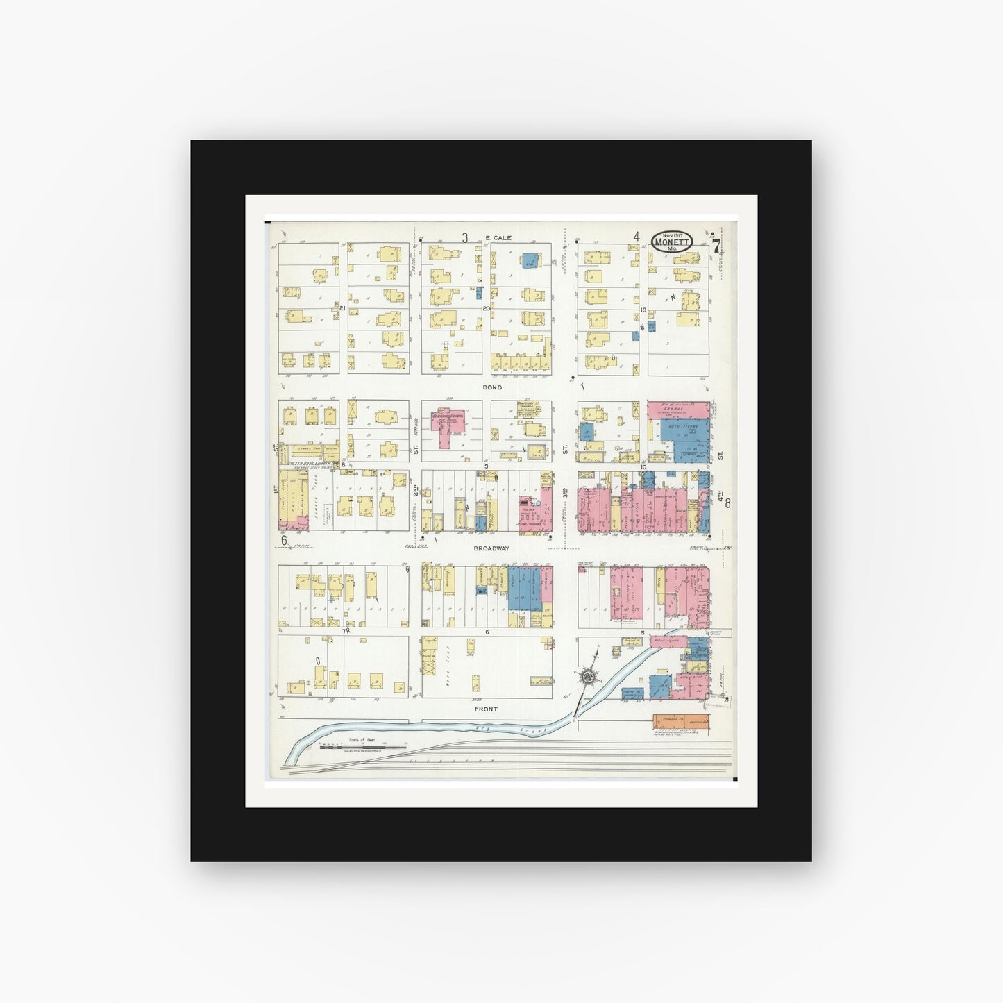Old map wall art mockup — black gallery frame with white mat — Sanborn Fire Insurance Map from Monett, Barry County, Missouri (1917), Sheet #0007