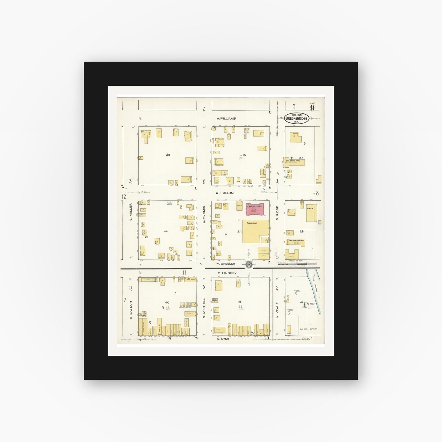 Old map wall art mockup — black gallery frame with white mat — Sanborn Fire Insurance Map from Breckenridge, Stephens County, Texas (1921), Sheet #0009