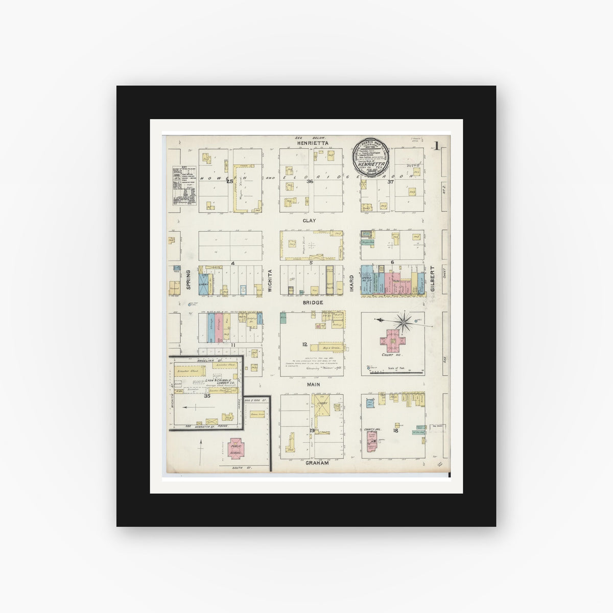 Old map wall art mockup — black gallery frame with white mat — Sanborn Fire Insurance Map from Henrietta, Clay County, Texas (1891) - Complete Map Set
