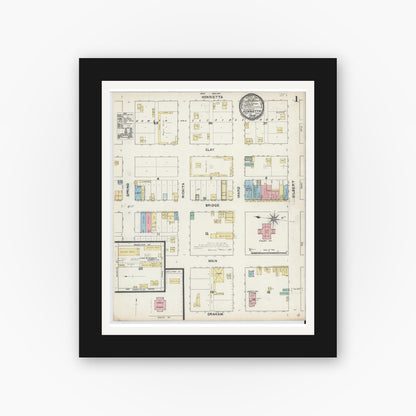 Old map wall art mockup — black gallery frame with white mat — Sanborn Fire Insurance Map from Henrietta, Clay County, Texas (1891) - Complete Map Set