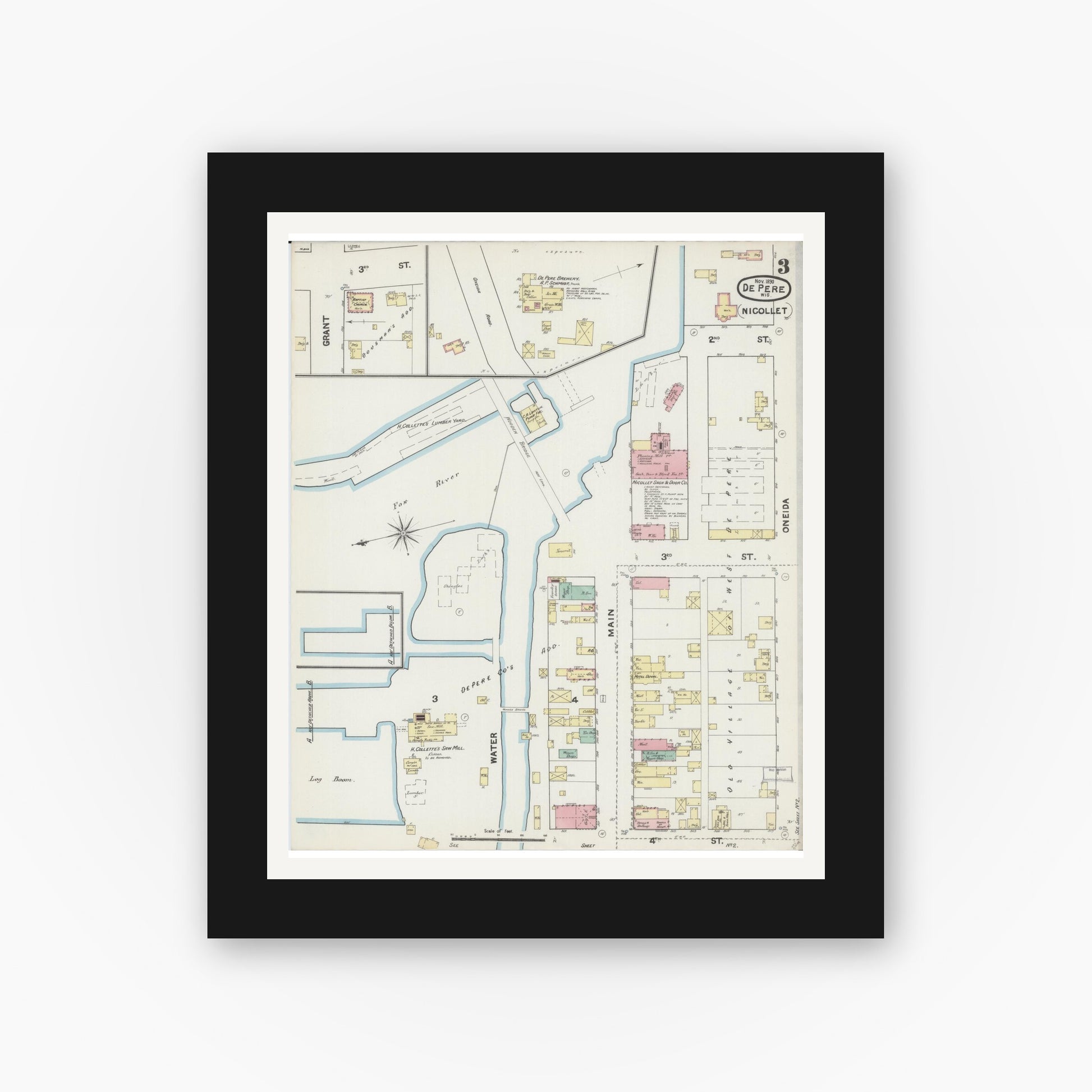 Old map wall art mockup — black gallery frame with white mat — Sanborn Fire Insurance Map from De Pere, Brown County, Wisconsin (1890), Sheet #0003