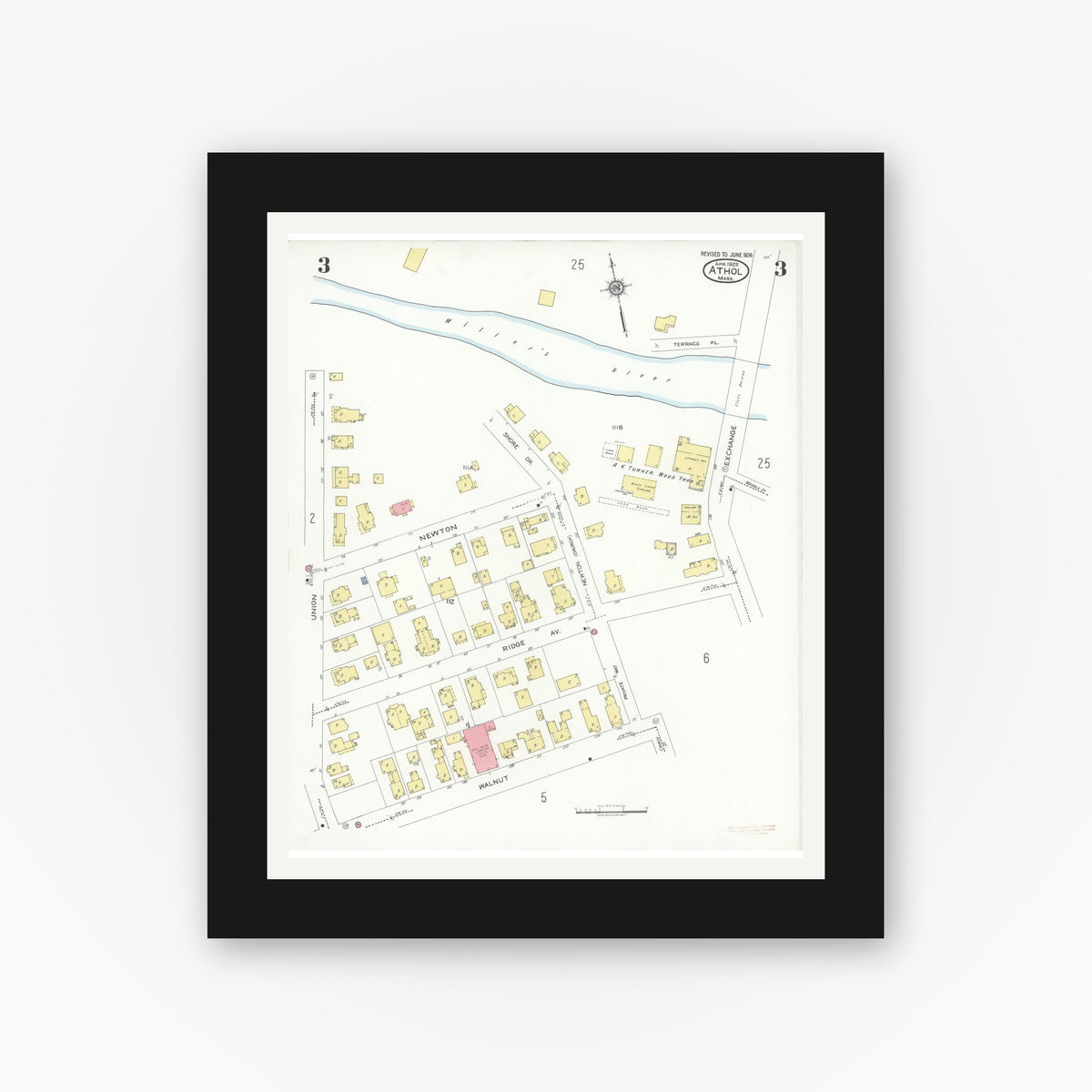 Old map wall art mockup — black gallery frame with white mat — Sanborn Fire Insurance Map from Athol, Worcester County, Massachusetts (1936), Sheet #0003