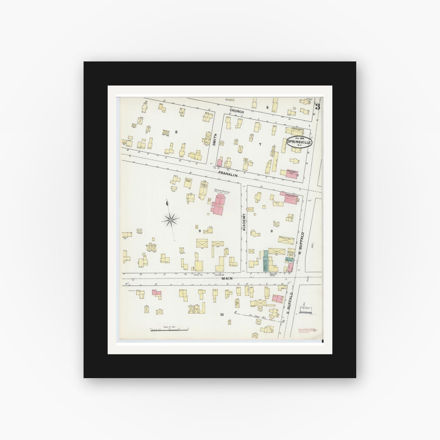 Old map wall art mockup — black gallery frame with white mat — Sanborn Fire Insurance Map from Springville, Erie County, New York (1892), Sheet #0003