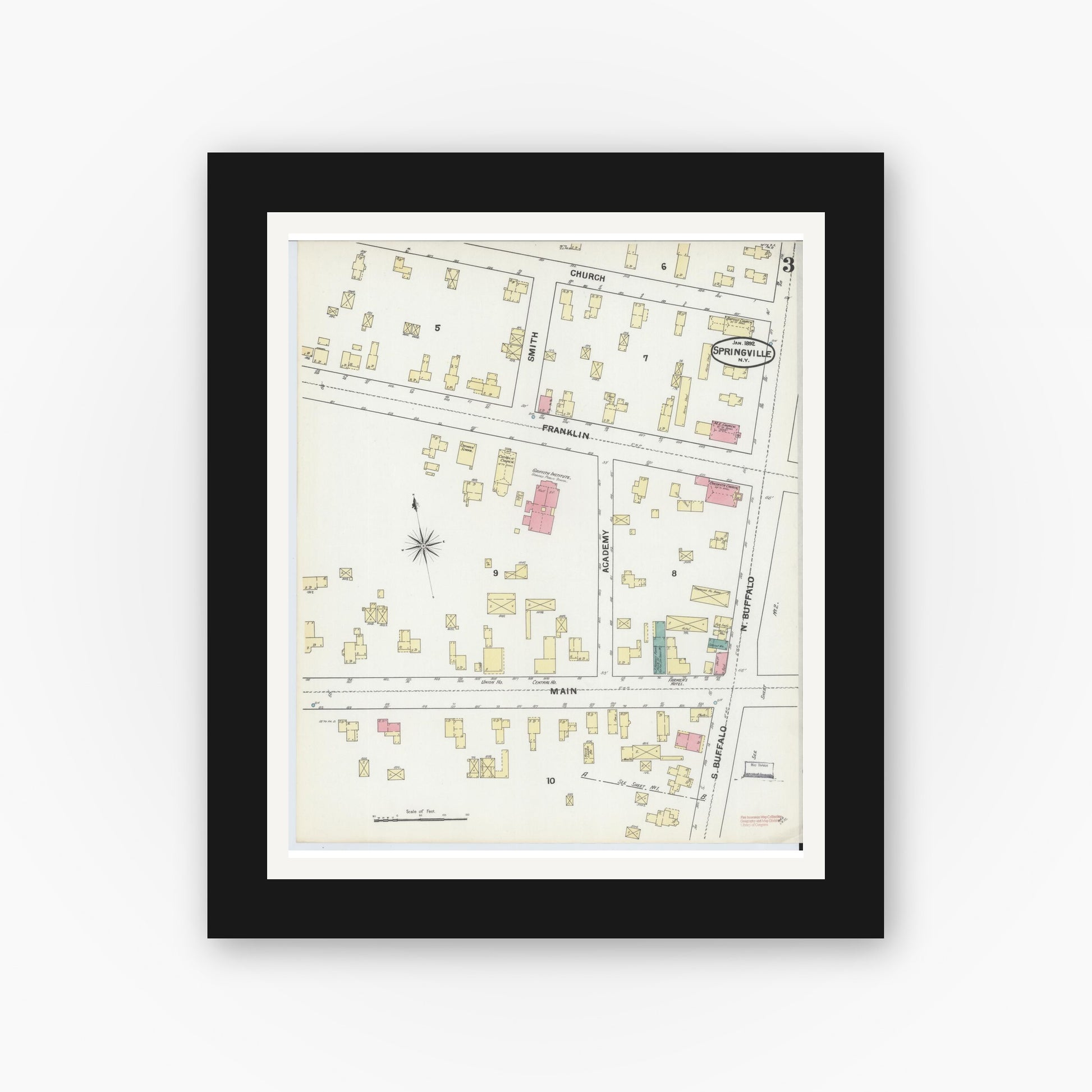 Old map wall art mockup — black gallery frame with white mat — Sanborn Fire Insurance Map from Springville, Erie County, New York (1892), Sheet #0003