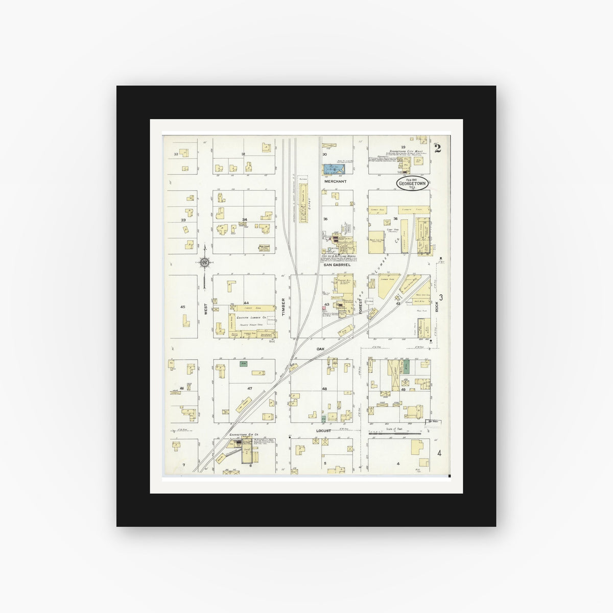 Old map wall art mockup — black gallery frame with white mat — Sanborn Fire Insurance Map from Georgetown, Williamson County, Texas (1910), Sheet #0002