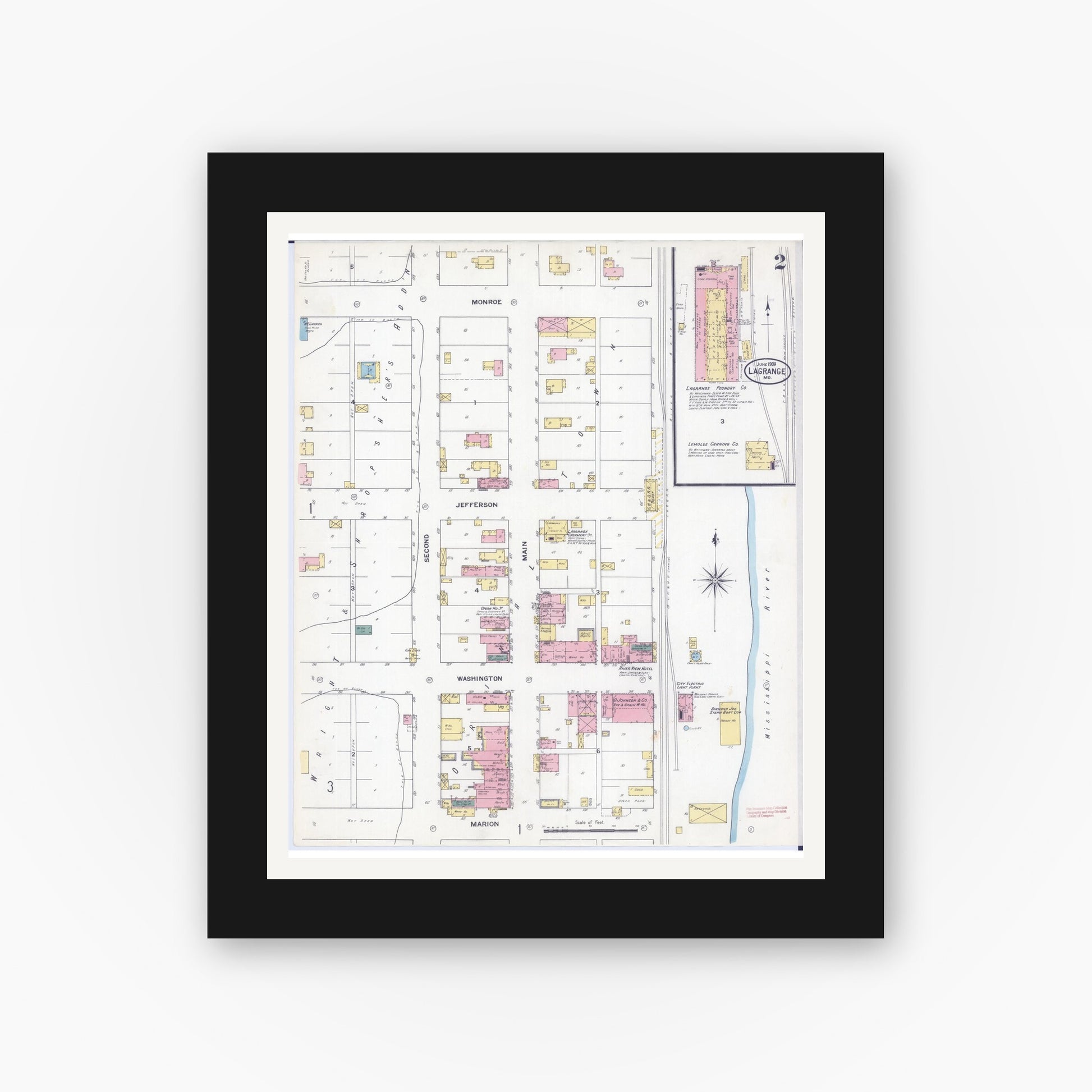 Old map wall art mockup — black gallery frame with white mat — Sanborn Fire Insurance Map from La Grange, Lewis County, Missouri (1909), Sheet #0002