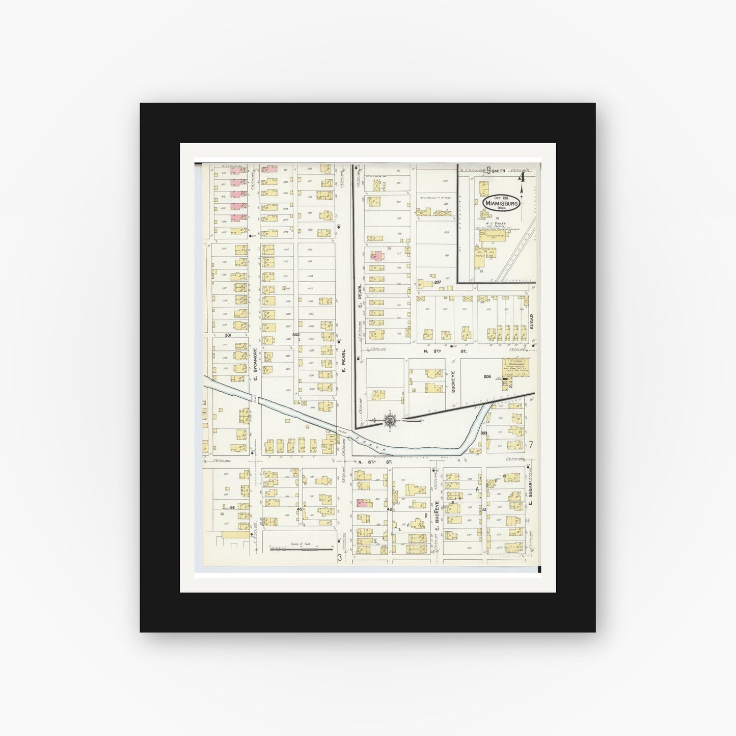 Old map wall art mockup — black gallery frame with white mat — Sanborn Fire Insurance Map from Miamisburg, Montgomery County, Ohio (1911), Sheet #0004