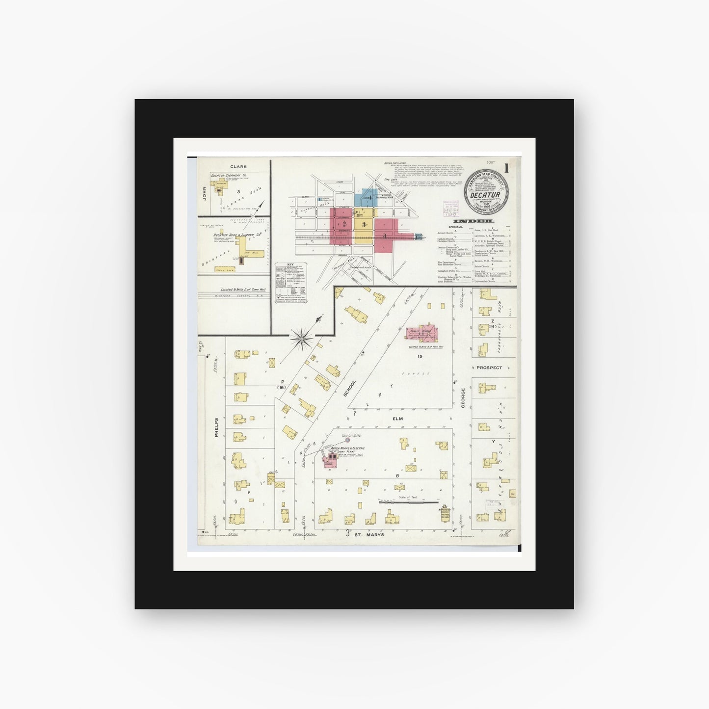Old map wall art mockup — black gallery frame with white mat — Sanborn Fire Insurance Map from Decatur, Van Buren County, Michigan (1908) - Complete Map Set