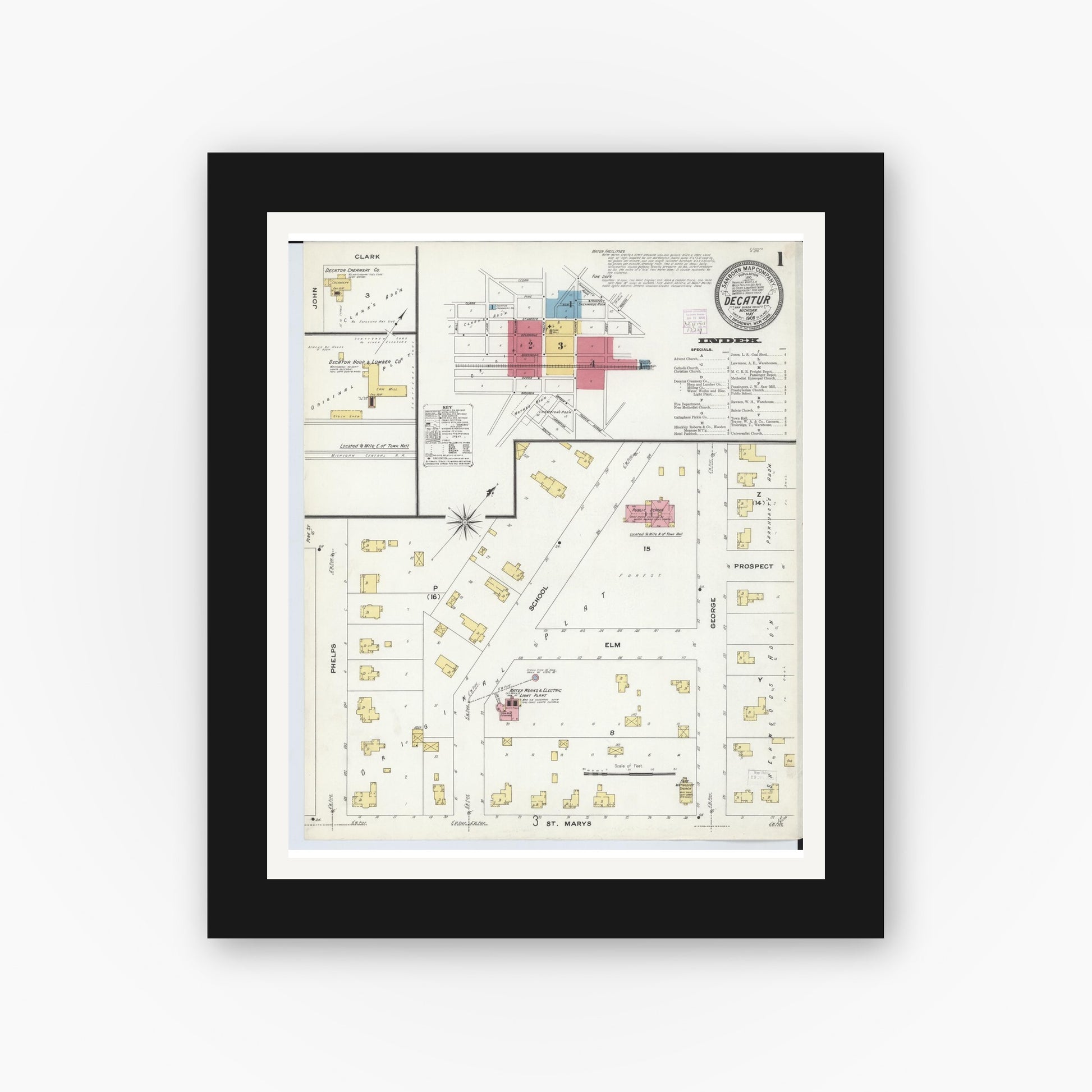 Old map wall art mockup — black gallery frame with white mat — Sanborn Fire Insurance Map from Decatur, Van Buren County, Michigan (1908) - Complete Map Set