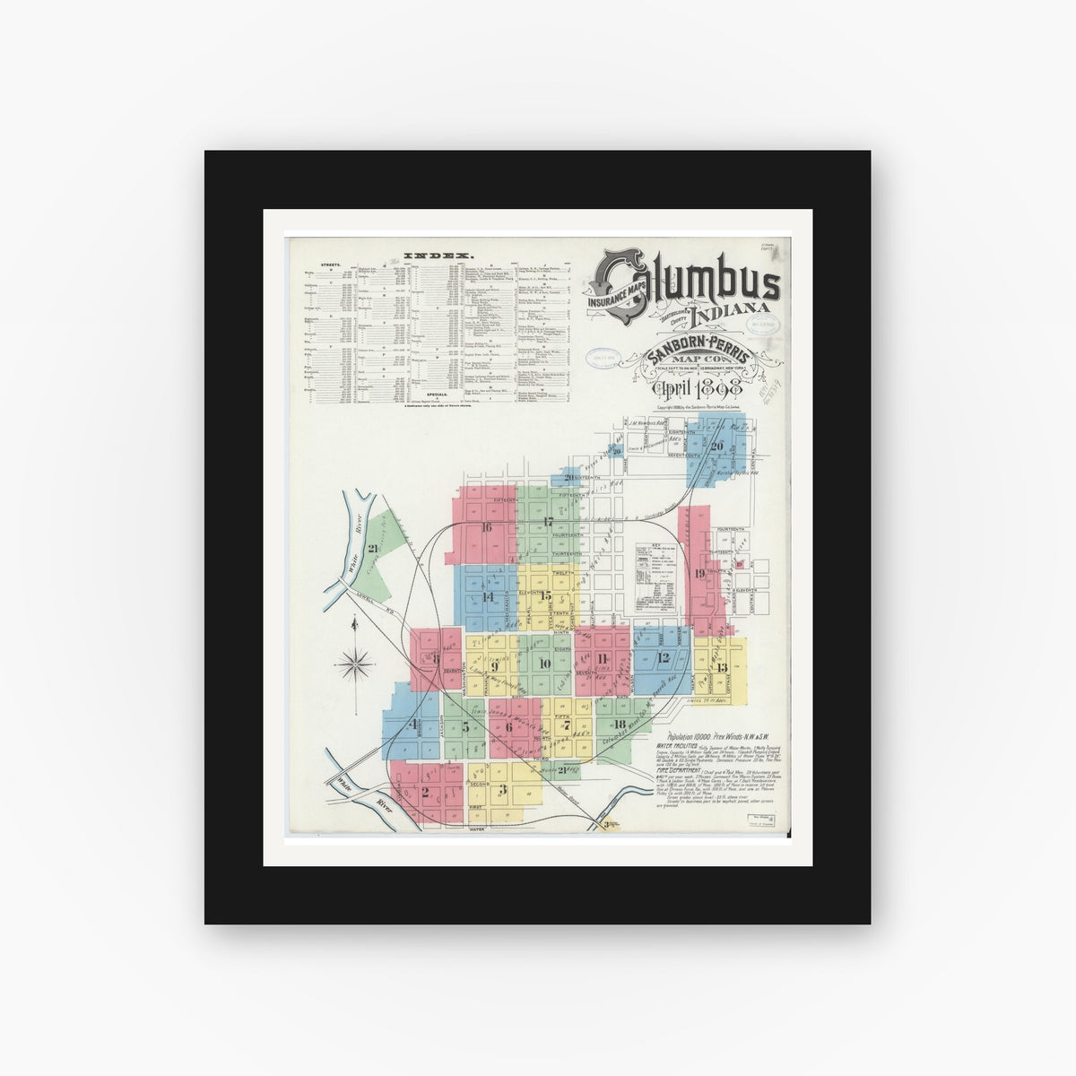 Old map wall art mockup — black gallery frame with white mat — Sanborn Fire Insurance Map from Columbus, Bartholomew County, Indiana (1898) - Complete Map Set