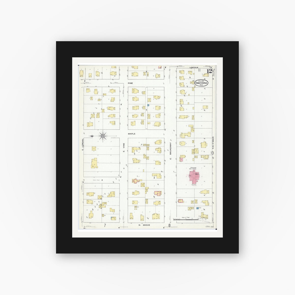 Old map wall art mockup — black gallery frame with white mat — Sanborn Fire Insurance Map from Owatonna, Steele County, Minnesota (1909), Sheet #0012