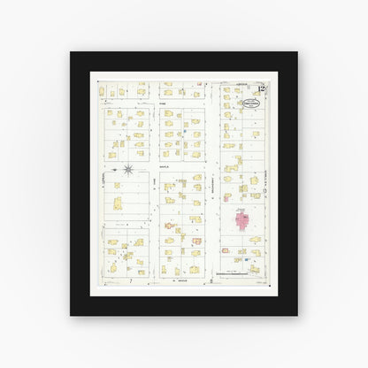 Old map wall art mockup — black gallery frame with white mat — Sanborn Fire Insurance Map from Owatonna, Steele County, Minnesota (1909), Sheet #0012