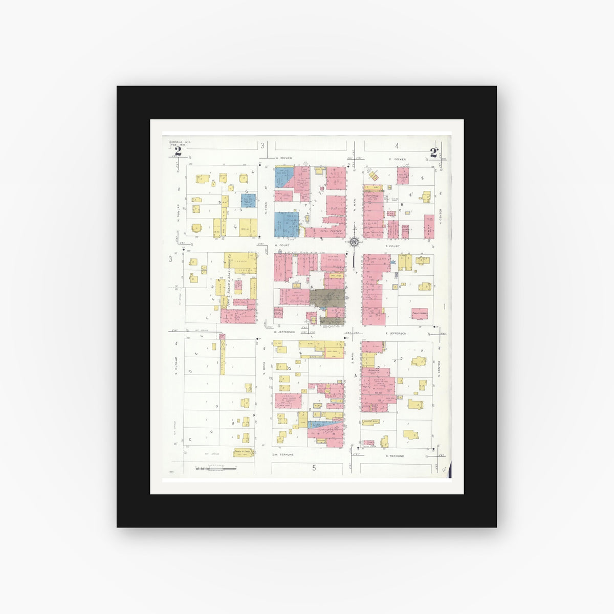 Old map wall art mockup — black gallery frame with white mat — Sanborn Fire Insurance Map from Viroqua, Vernon County, Wisconsin (1933), Sheet #0002