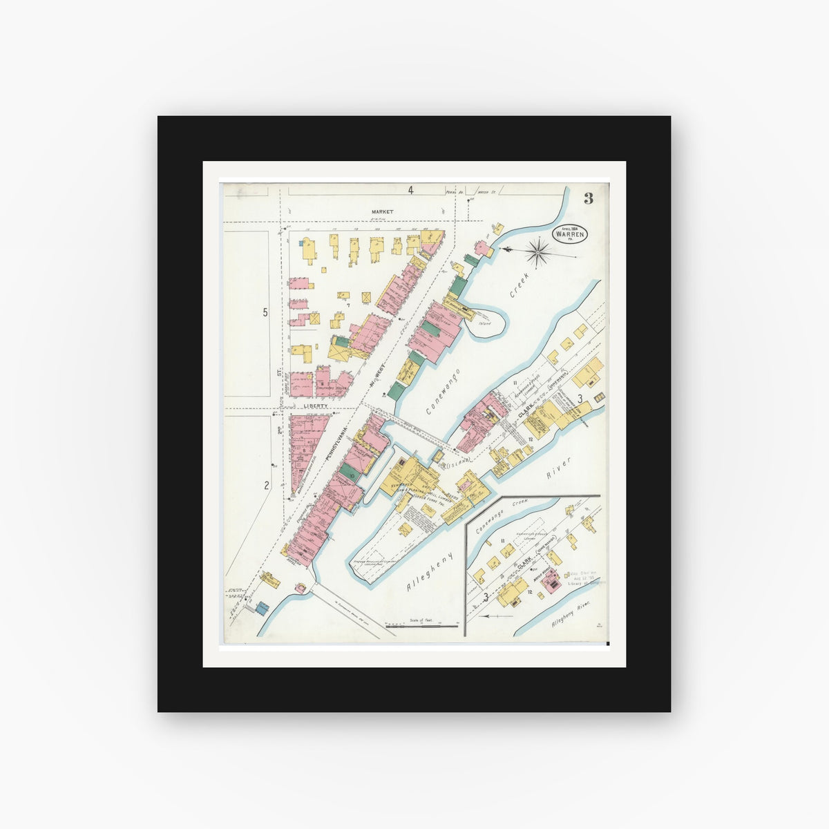 Old map wall art mockup — black gallery frame with white mat — Sanborn Fire Insurance Map from Warren, Warren County, Pennsylvania (1904), Sheet #0003