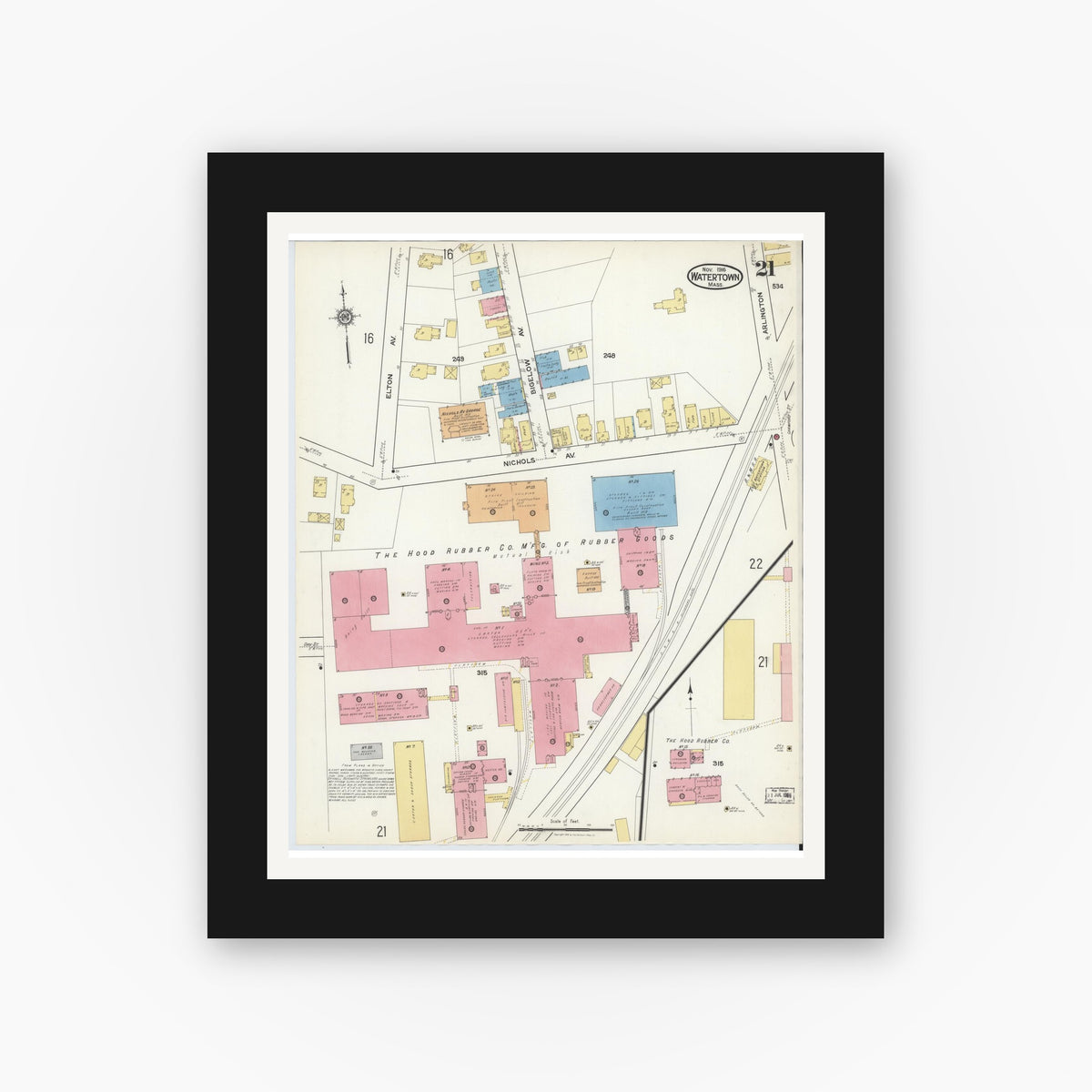 Old map wall art mockup — black gallery frame with white mat — Sanborn Fire Insurance Map from Watertown, Middlesex County, Massachusetts (1916), Sheet #0021