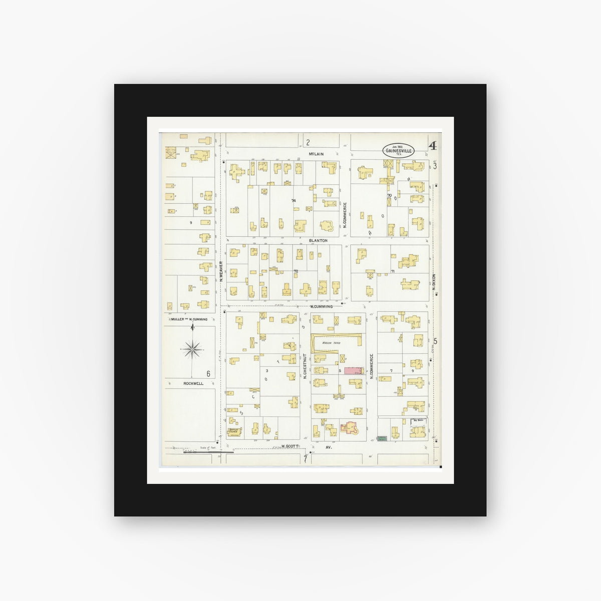 Old map wall art mockup — black gallery frame with white mat — Sanborn Fire Insurance Map from Gainesville, Cooke County, Texas (1902), Sheet #0004