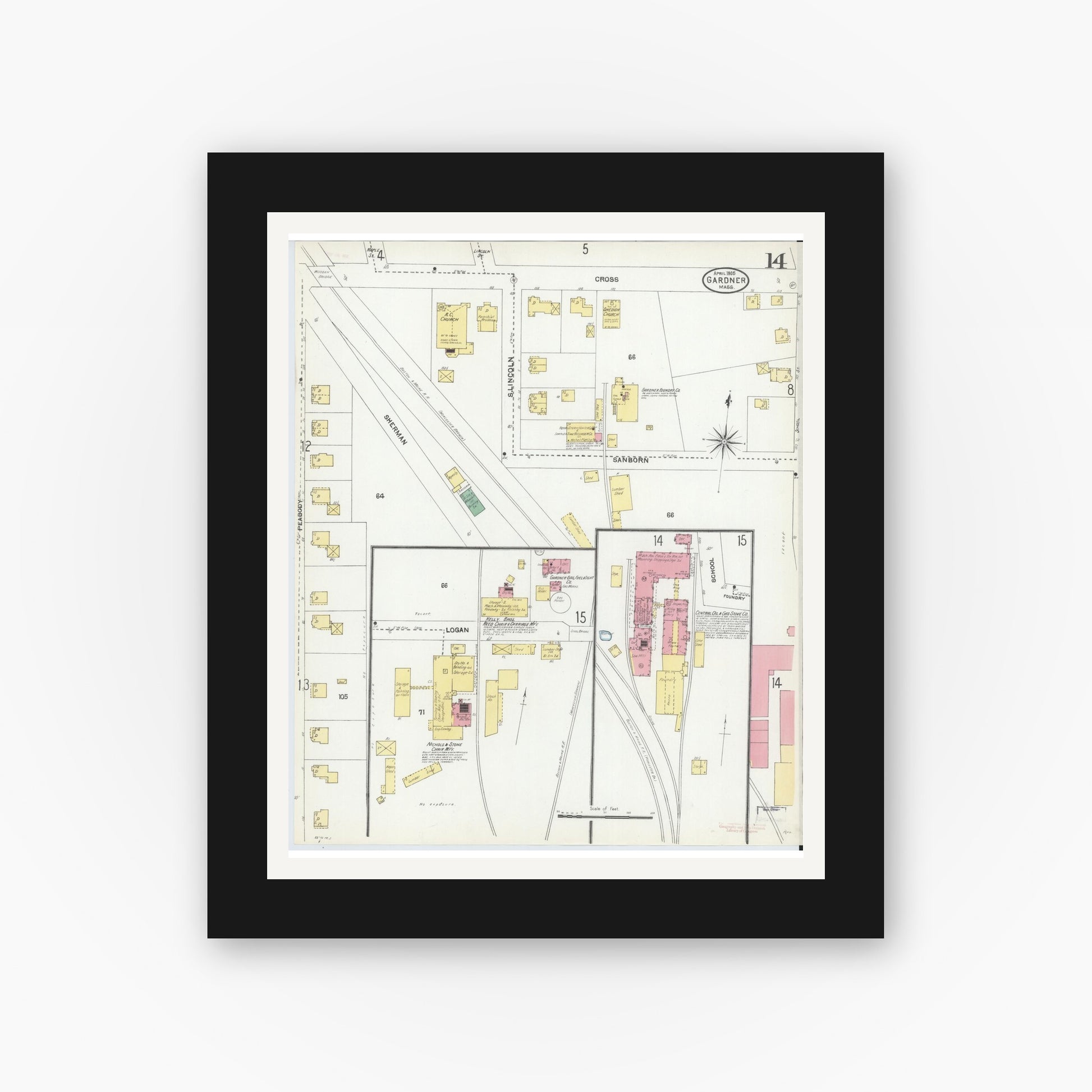 Old map wall art mockup — black gallery frame with white mat — Sanborn Fire Insurance Map from Gardner, Worcester County, Massachusetts (1905), Sheet #0014