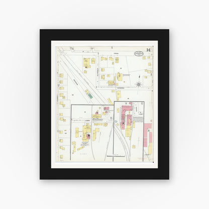 Old map wall art mockup — black gallery frame with white mat — Sanborn Fire Insurance Map from Gardner, Worcester County, Massachusetts (1905), Sheet #0014