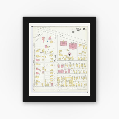 Old map wall art mockup — black gallery frame with white mat — Sanborn Fire Insurance Map from Adrian, Lenawee County, Michigan (1916), Sheet #0015