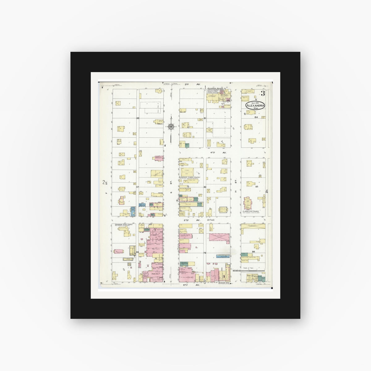 Old map wall art mockup — black gallery frame with white mat — Sanborn Fire Insurance Map from Alexandria, Douglas County, Minnesota (1909), Sheet #0003