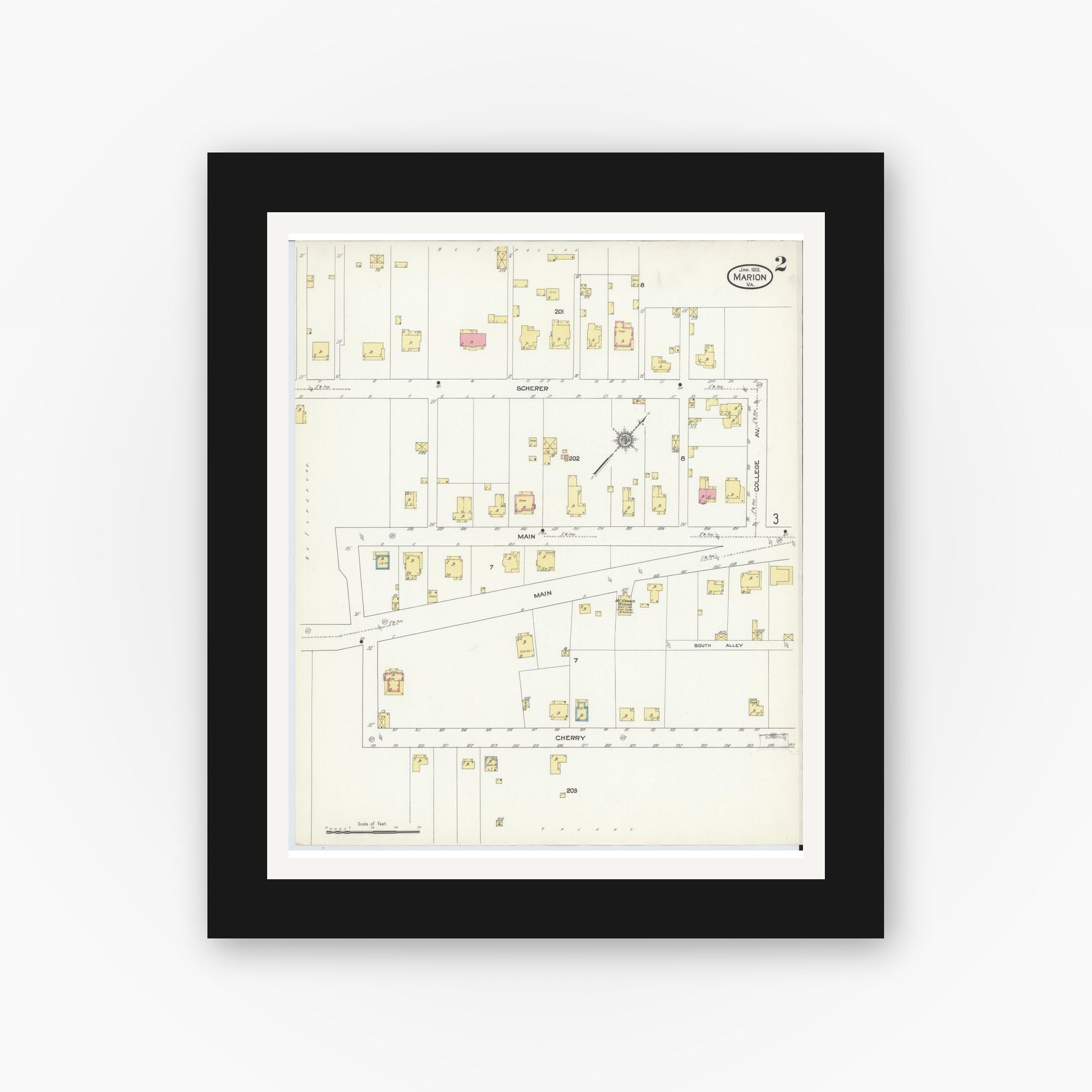 Old map wall art mockup — black gallery frame with white mat — Sanborn Fire Insurance Map from Marion, Smyth County, Virginia (1913), Sheet #0002