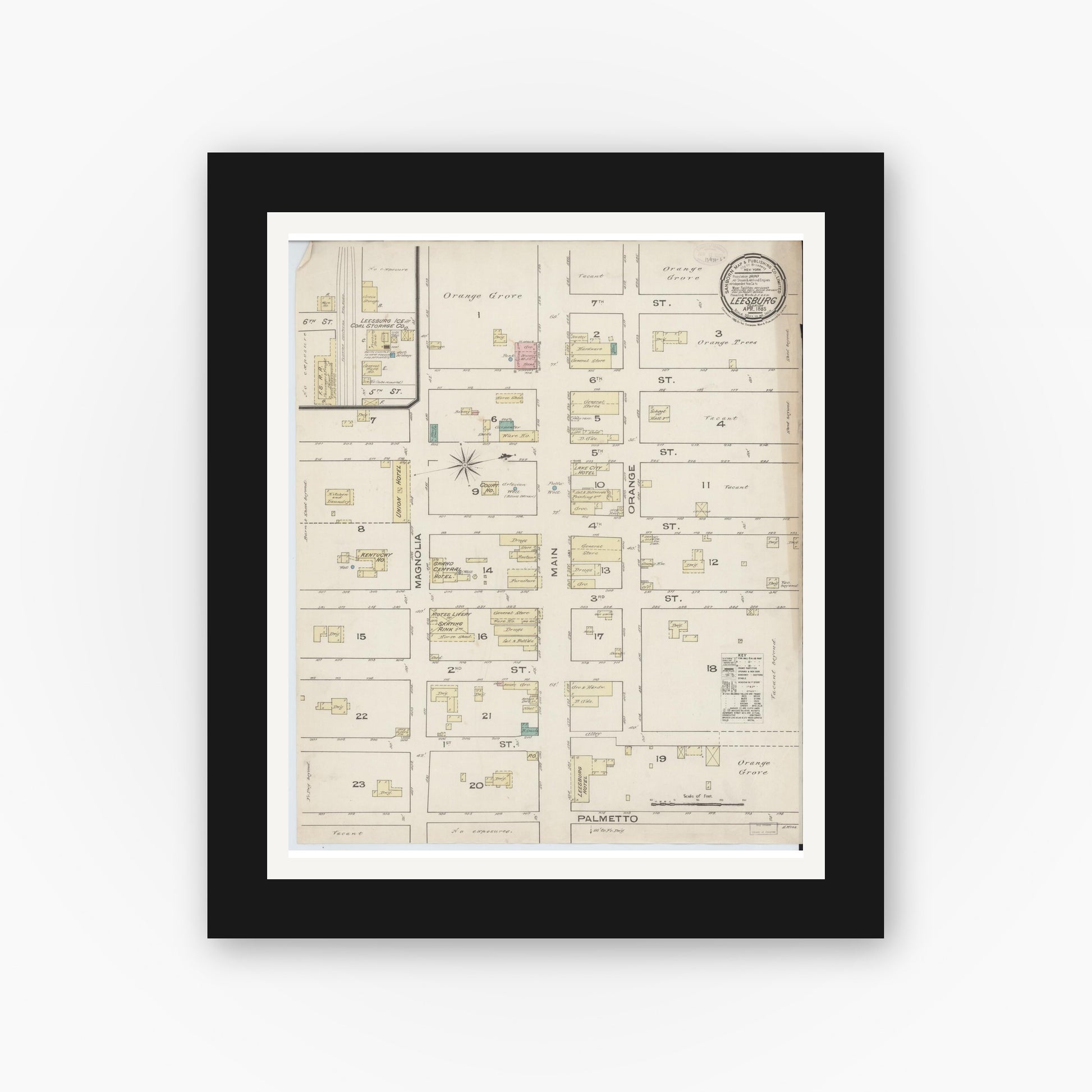 Old map wall art mockup — black gallery frame with white mat — Sanborn Fire Insurance Map from Leesburg, Lake County, Florida (1885), Sheet #0001