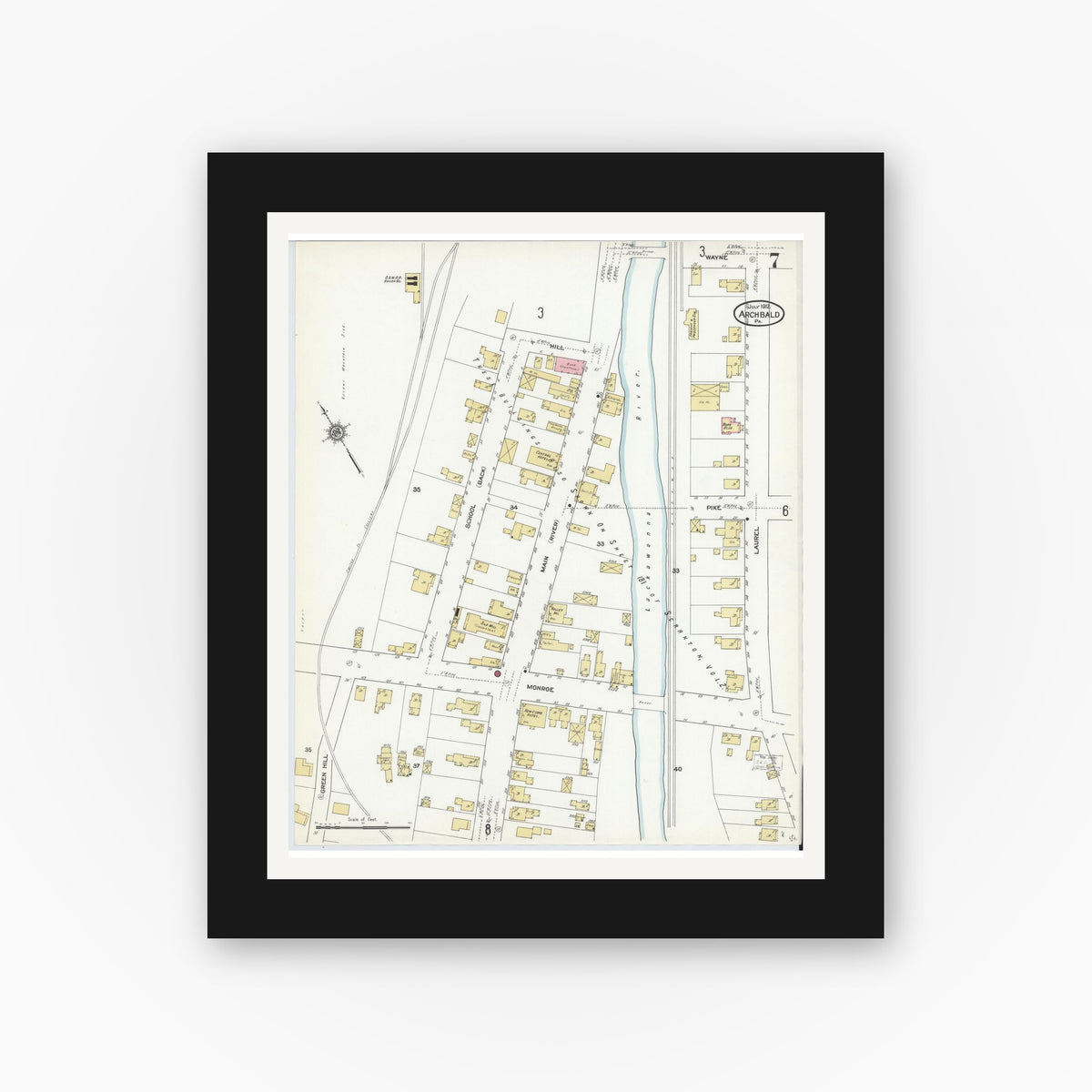 Old map wall art mockup — black gallery frame with white mat — Sanborn Fire Insurance Map from Archbald, Lackawanna County, Pennsylvania (1912), Sheet #0007