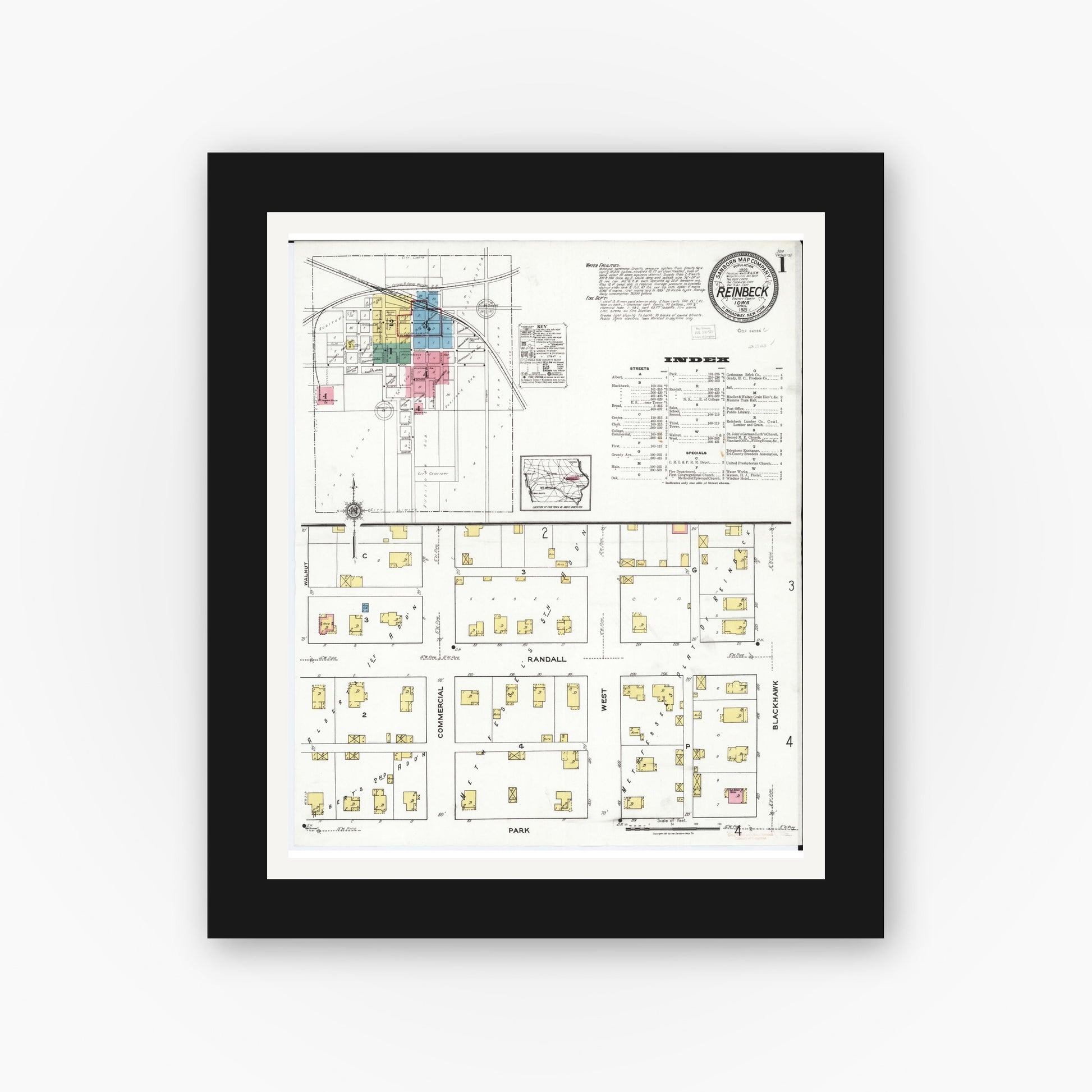 Old map wall art mockup — black gallery frame with white mat — Sanborn Fire Insurance Map from Reinbeck, Grundy County, Iowa (1921), Sheet #0001