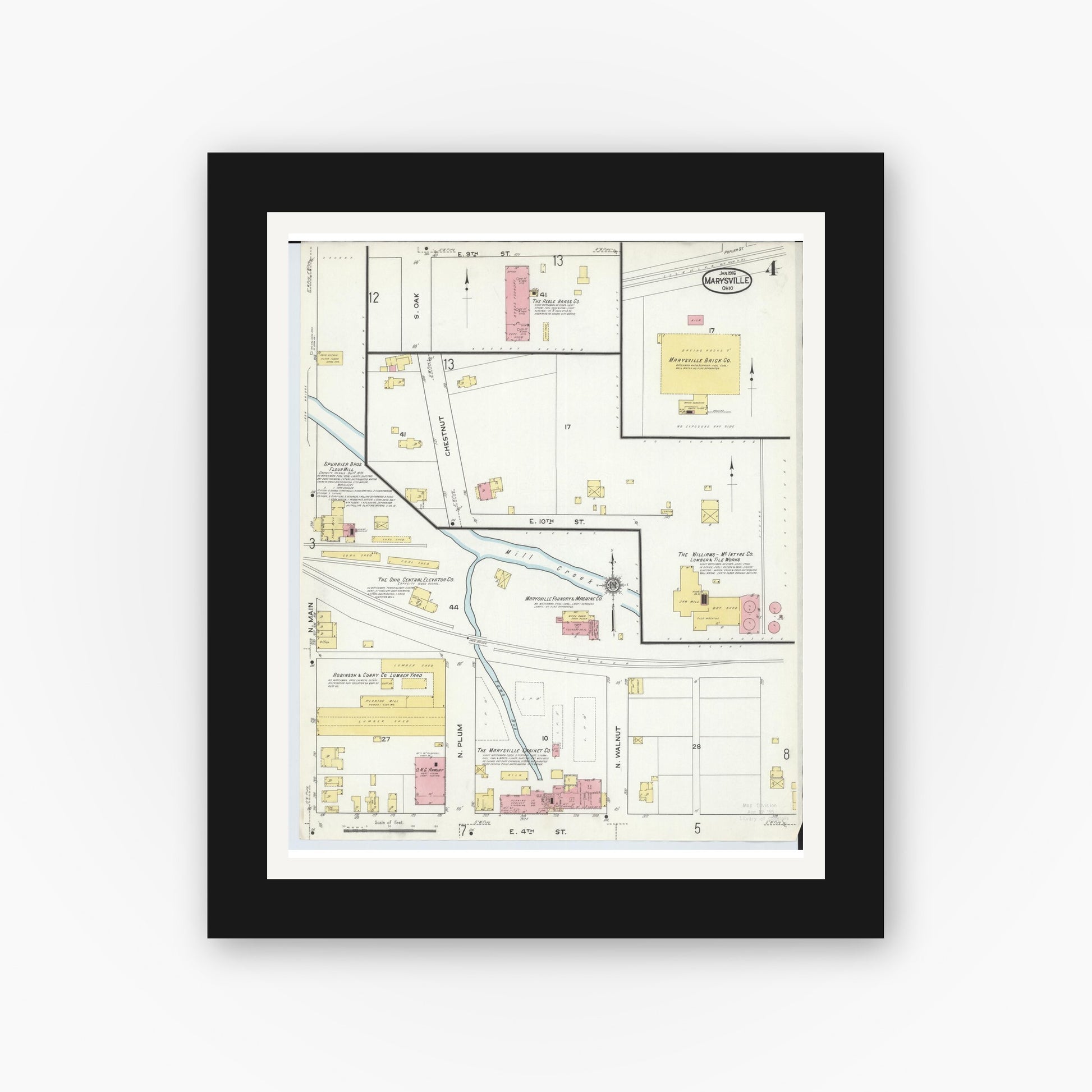 Old map wall art mockup — black gallery frame with white mat — Sanborn Fire Insurance Map from Marysville, Union County, Ohio (1916), Sheet #0004