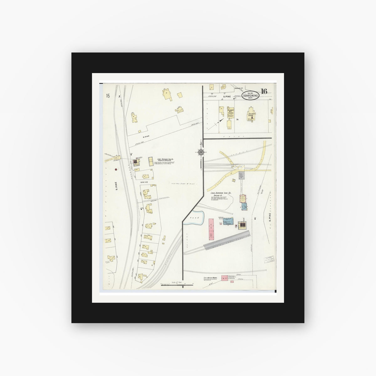Old map wall art mockup — black gallery frame with white mat — Sanborn Fire Insurance Map from Ishpeming, Marquette County, Michigan (1911), Sheet #0016