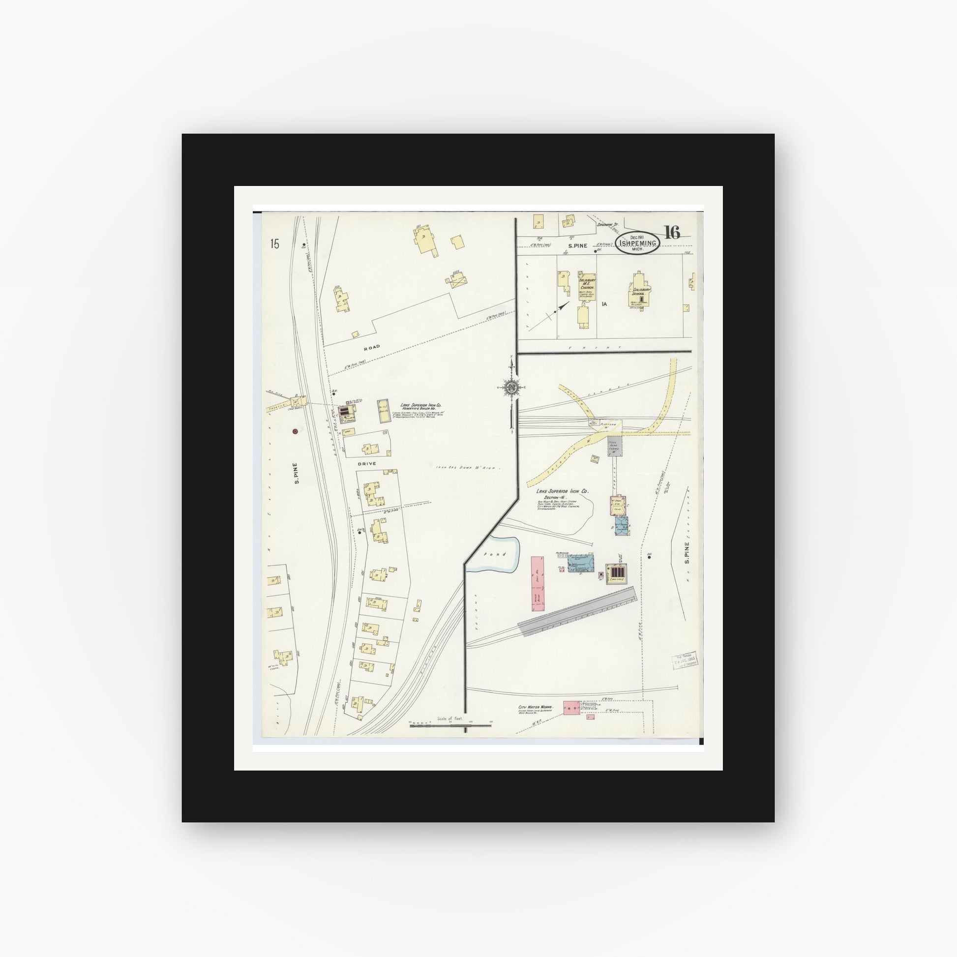 Old map wall art mockup — black gallery frame with white mat — Sanborn Fire Insurance Map from Ishpeming, Marquette County, Michigan (1911), Sheet #0016