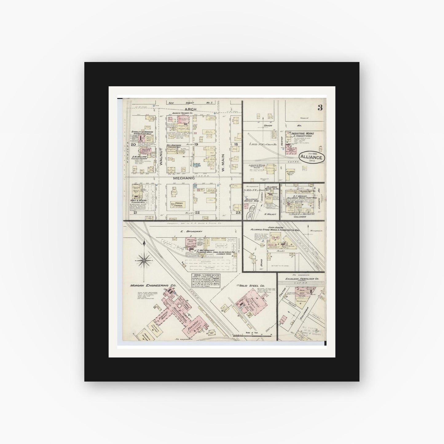 Old map wall art mockup — black gallery frame with white mat — Sanborn Fire Insurance Map from Alliance, Stark County, Ohio (1884), Sheet #0003