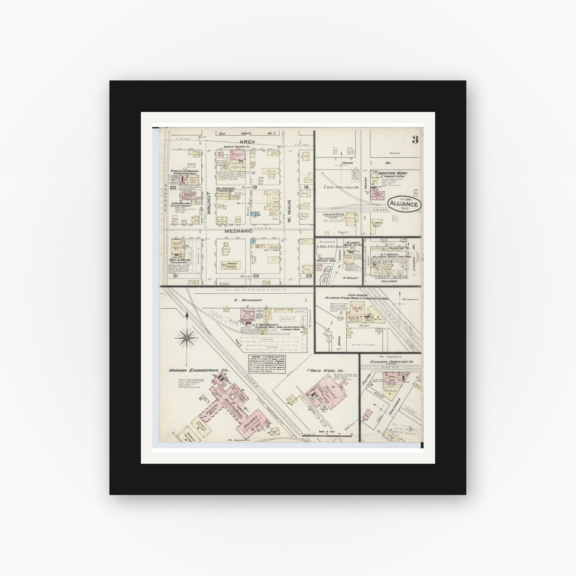 Old map wall art mockup — black gallery frame with white mat — Sanborn Fire Insurance Map from Alliance, Stark County, Ohio (1884), Sheet #0003