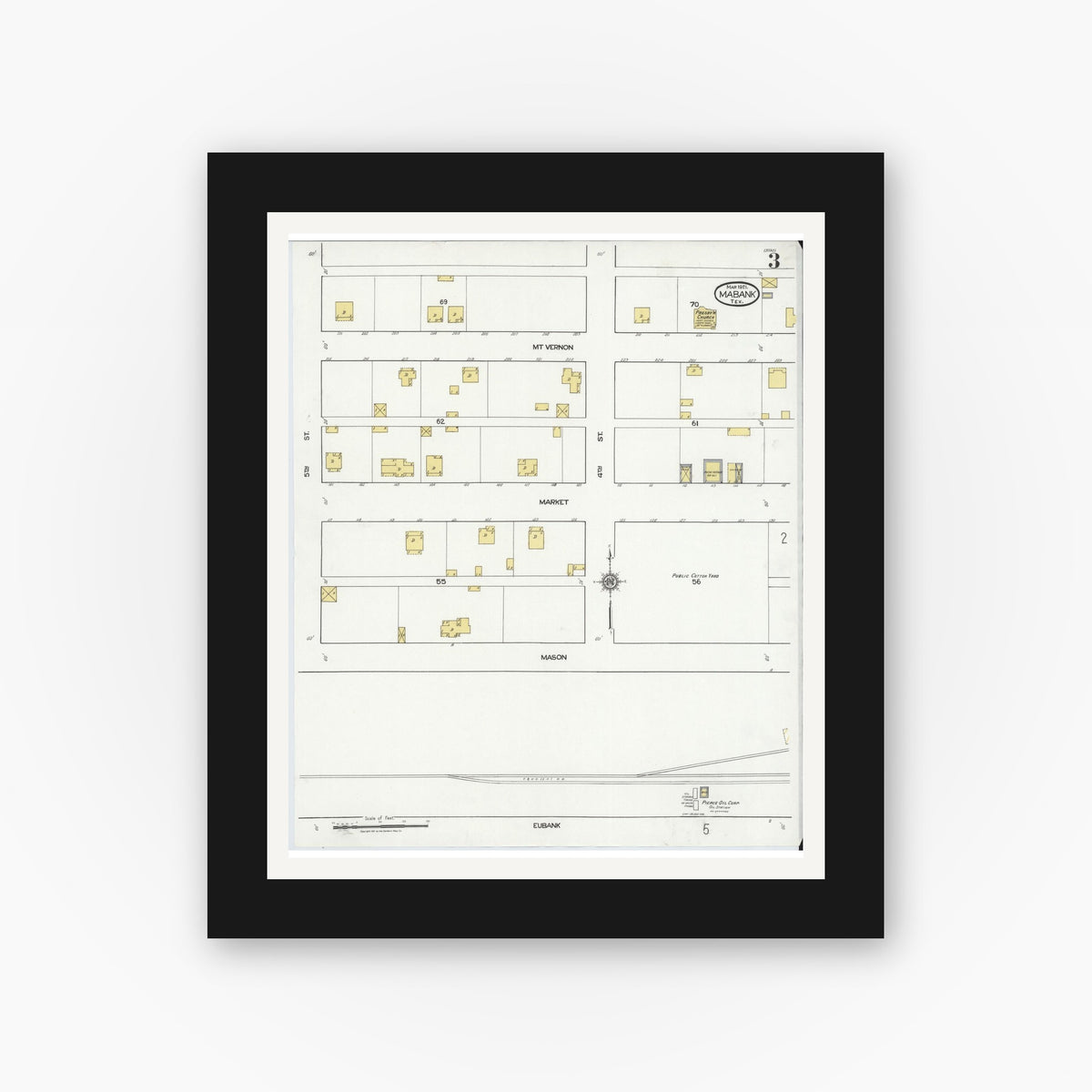 Old map wall art mockup — black gallery frame with white mat — Sanborn Fire Insurance Map from Mabank, Kaufman County, Texas (1921), Sheet #0003