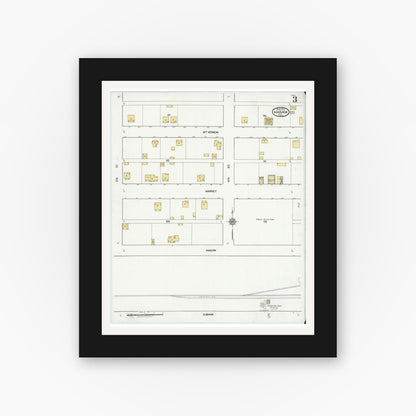 Old map wall art mockup — black gallery frame with white mat — Sanborn Fire Insurance Map from Mabank, Kaufman County, Texas (1921), Sheet #0003