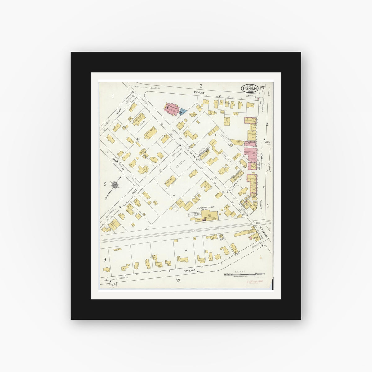 Old map wall art mockup — black gallery frame with white mat — Sanborn Fire Insurance Map from Franklin, Norfolk County, Massachusetts (1919), Sheet #0007