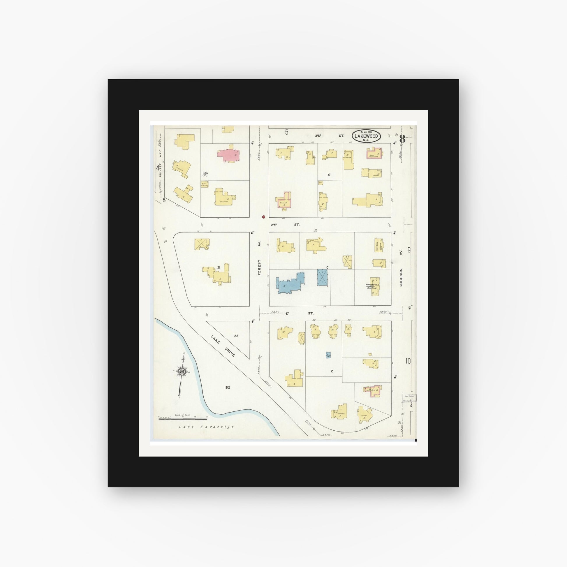 Old map wall art mockup — black gallery frame with white mat — Sanborn Fire Insurance Map from Lakewood, Ocean County, New Jersey (1916), Sheet #0008