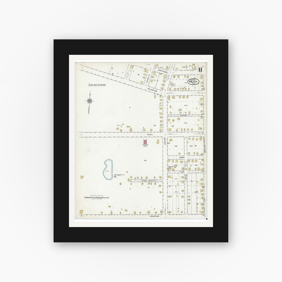 Old map wall art mockup — black gallery frame with white mat — Sanborn Fire Insurance Map from Mexia, Limestone County, Texas (1921), Sheet #0011