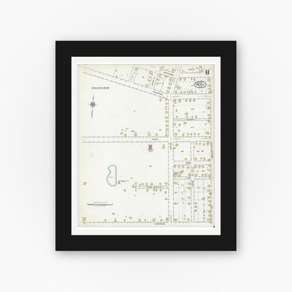 Old map wall art mockup — black gallery frame with white mat — Sanborn Fire Insurance Map from Mexia, Limestone County, Texas (1921), Sheet #0011