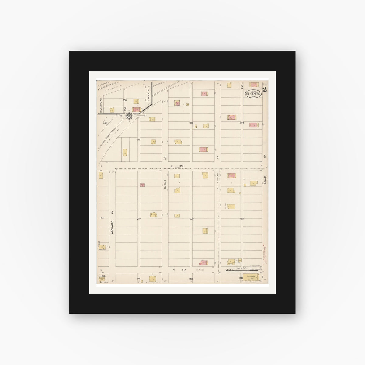 Old map wall art mockup — black gallery frame with white mat — Sanborn Fire Insurance Map from El Centro, Imperial County, California (1914), Sheet #0002