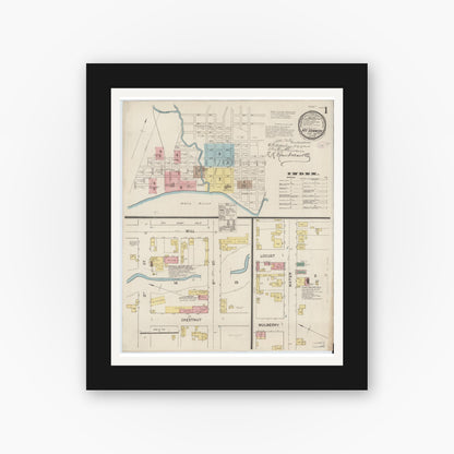 Old map wall art mockup — black gallery frame with white mat — Sanborn Fire Insurance Map from Mount Vernon, Posey County, Indiana (1887), Sheet #0001