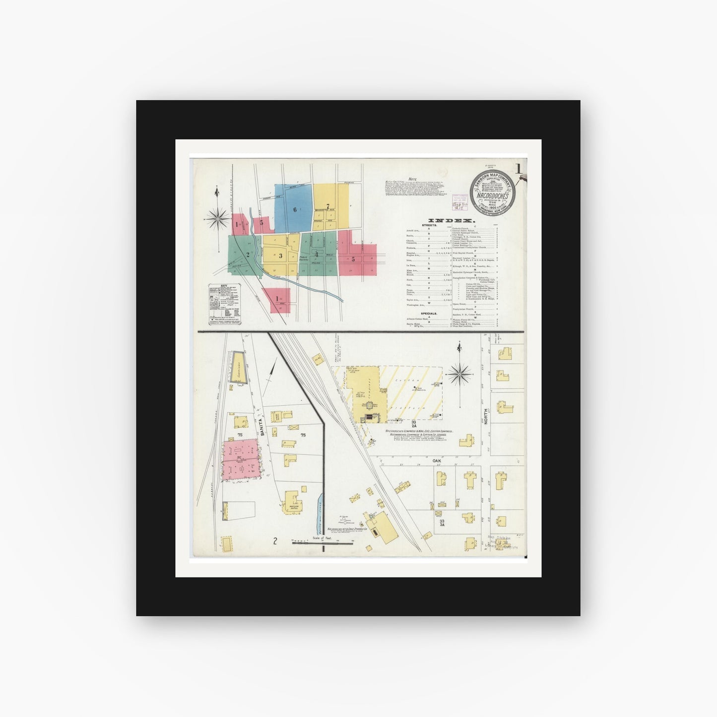 Old map wall art mockup — black gallery frame with white mat — Sanborn Fire Insurance Map from Nacogdoches, Nacogdoches County, Texas (1906), Sheet #0001