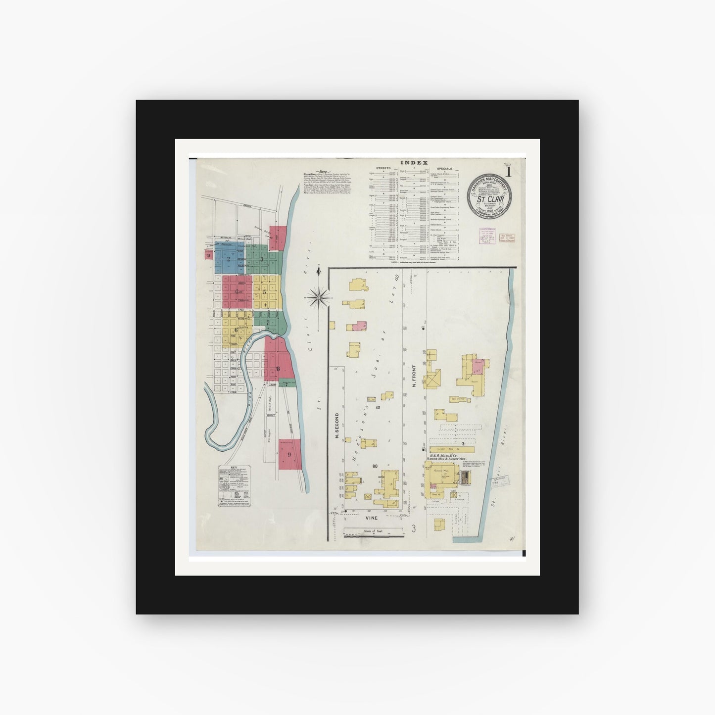 Old map wall art mockup — black gallery frame with white mat — Sanborn Fire Insurance Map from Saint Clair, Saint Clair County, Michigan (1907) - Complete Map Set