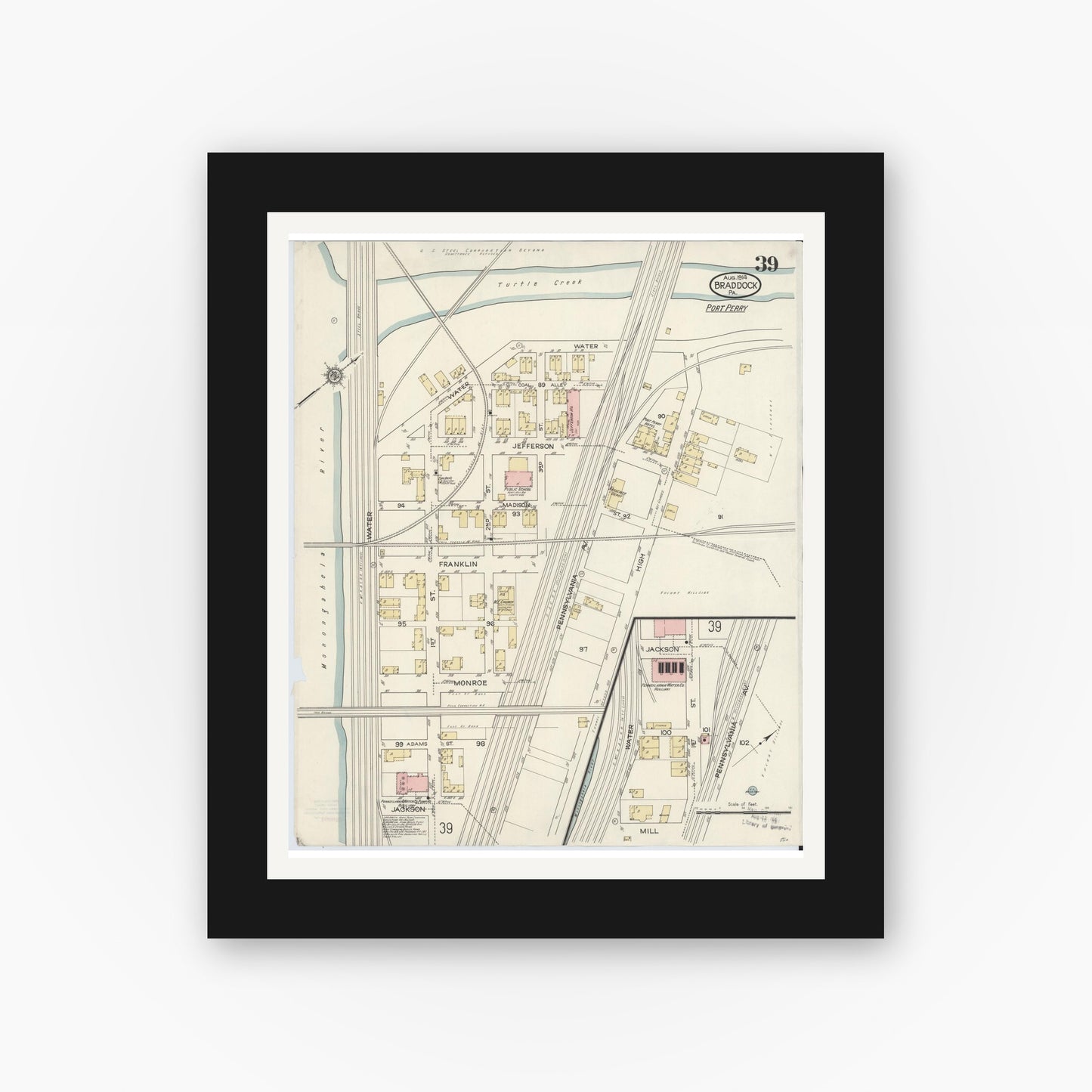 Old map wall art mockup — black gallery frame with white mat — Sanborn Fire Insurance Map from Braddock, Allegheny County, Pennsylvania (1914), Sheet #0039
