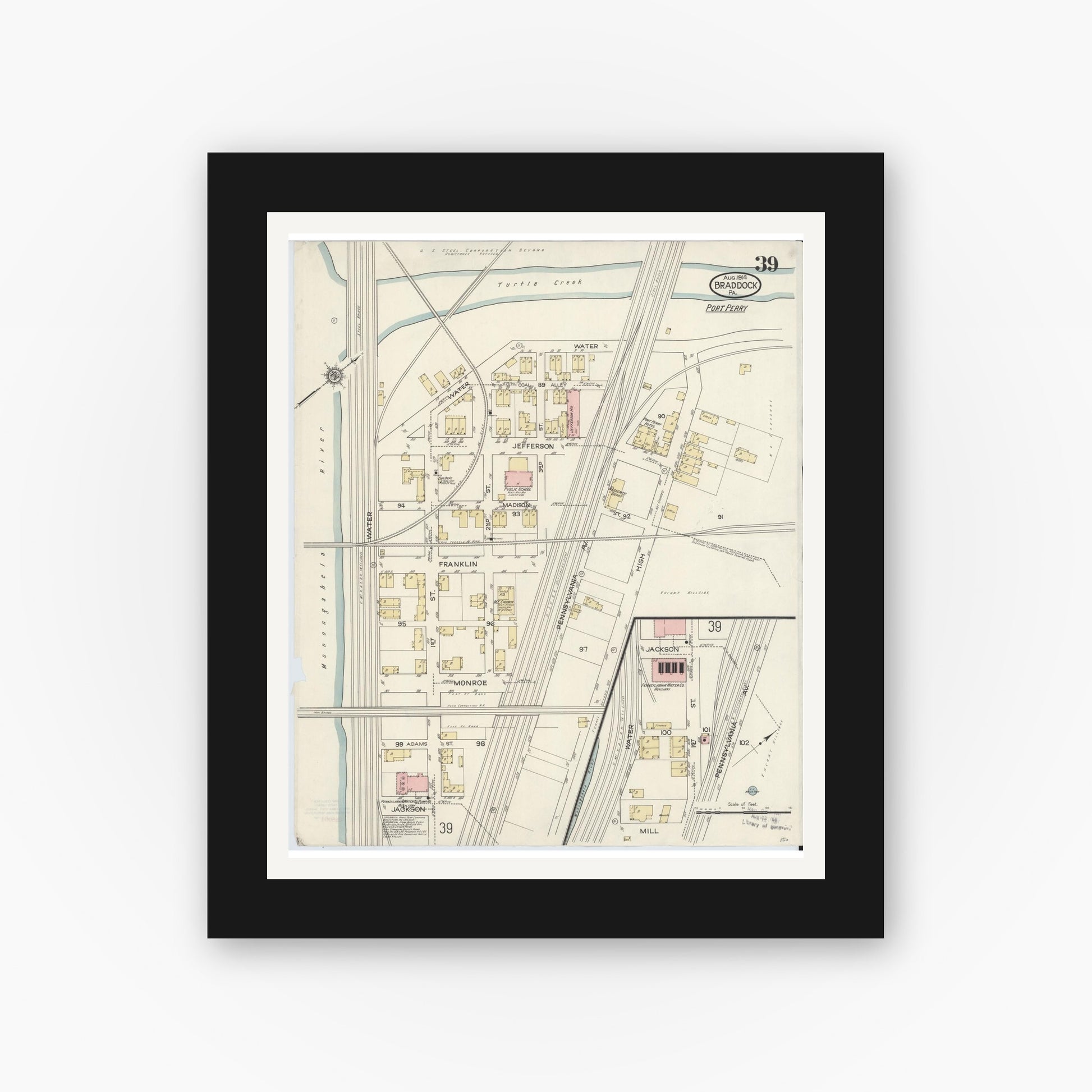 Old map wall art mockup — black gallery frame with white mat — Sanborn Fire Insurance Map from Braddock, Allegheny County, Pennsylvania (1914), Sheet #0039