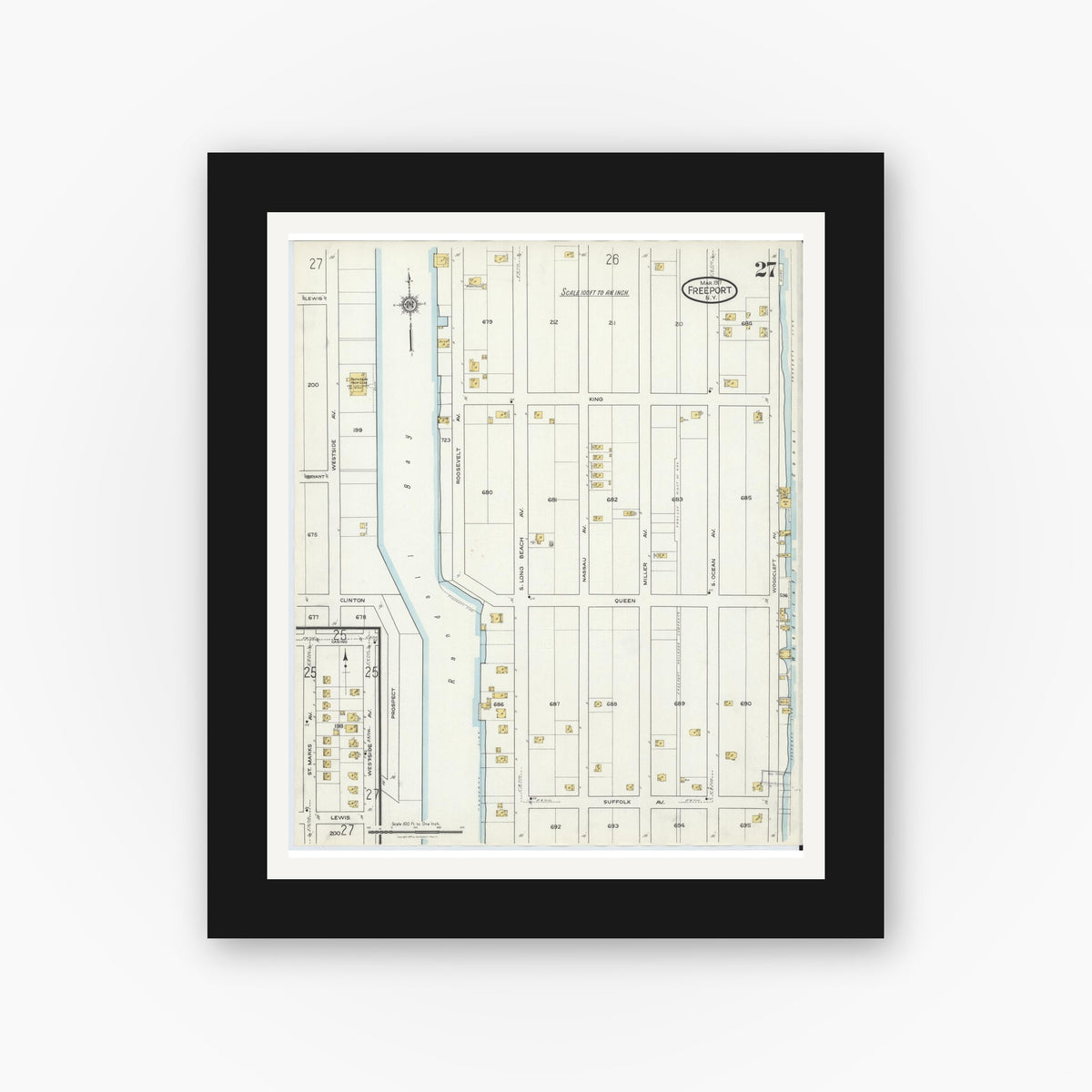 Old map wall art mockup — black gallery frame with white mat — Sanborn Fire Insurance Map from Freeport, Nassau County, New York (1917), Sheet #0027