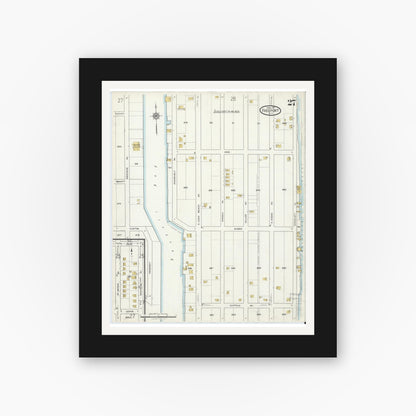 Old map wall art mockup — black gallery frame with white mat — Sanborn Fire Insurance Map from Freeport, Nassau County, New York (1917), Sheet #0027