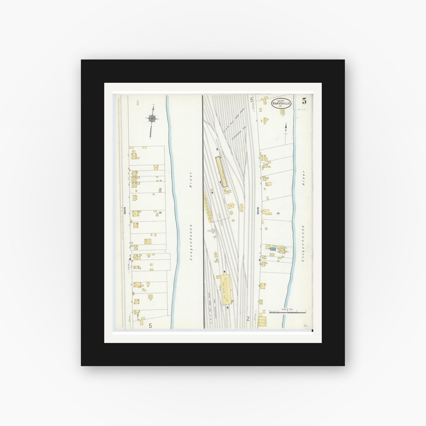 Old map wall art mockup — black gallery frame with white mat — Sanborn Fire Insurance Map from Marysville, Perry County, Pennsylvania (1911), Sheet #0005